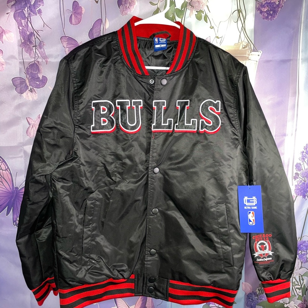 NBA Chicago Bulls Black Satin Bomber Jacket with Red Trim